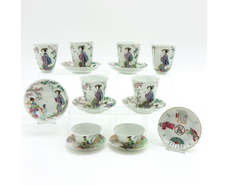 Japan, polychrome decor, including 8 cups and 8 saucers, saucers 15 cm. diameter, chip and hairline.