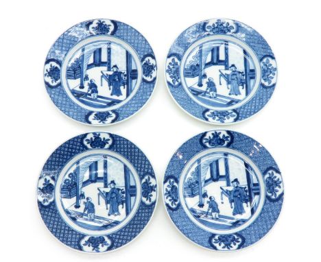 Blue and white decor, marked with double ring and 6 characters on the bottom, 16 cm. in diameter. 