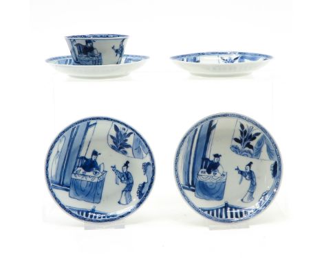 China, including 1 cup and 4 saucers, saucers 12 cm. diameter, chip and hairline.