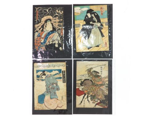 including woman flowers and 3 warriors Litagawa Kuniyoshi 1797-186, black coat warrior Kuniaki, woman red background Toyokuna