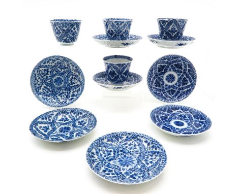 blue and white decor, including 4 cups and 8 saucers, marked on the bottom with mark and double ring, 13 cm. diameter, chip a