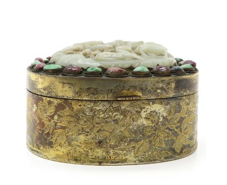 China, 19th Century, with remnants of gold gilt, on the cover a highly detailed carved jade plaque, 13 x 8 x 12 cm. 