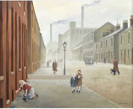 Steven Scholes (British 1952-) "Mopping the Step 1962" Signed, titled on verso, oil on canvas.39.5 x 49.5cm (framed 48 x 58cm