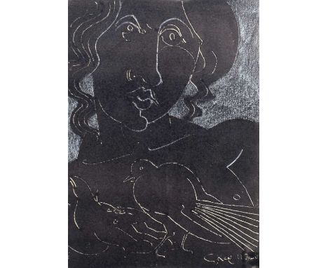 Geoffrey Key (British 1941-) "Woman with Bird" Signed and dated 11.7.80 in pencil in the margin, woodcut.17.5 x 12.5cm (frame