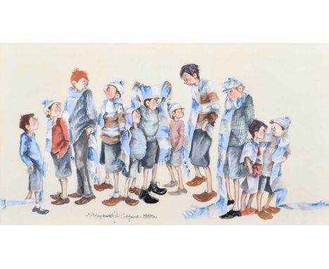 Elizabeth R. Hunt (British 20th century) "Manchester City Fans" Signed and dated 1985, pastel and pencil.23.5 x 42.5cm (frame