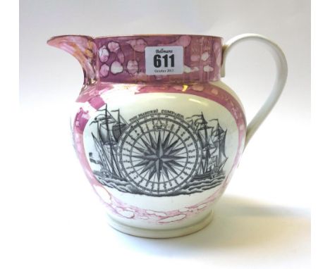 A Sunderland lustreware jug, early 19th century, decorated with 'The Mariners Compass' to one side and a sea shanty to the ot