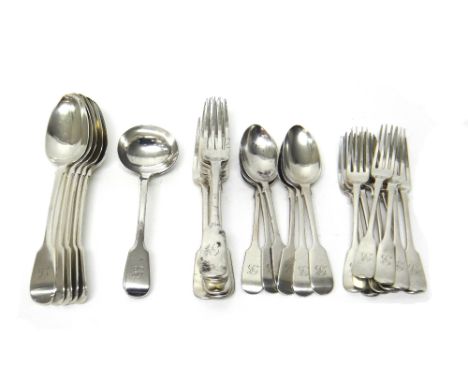 Silver fiddle pattern table flatware, comprising; five tablespoons, seven table forks, nine dessert forks, six dessert spoons