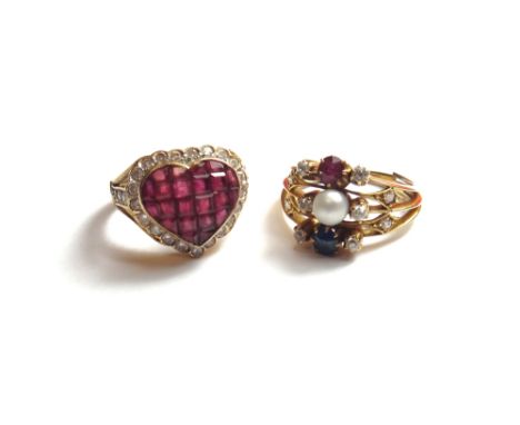 A gold, diamond, ruby, sapphire and cultured pearl set ring in a three row design, ring size N and a gold, ruby and diamond s