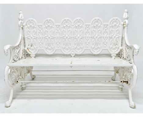 A Coalbrookdale style cast iron white painted double sided garden bench, 125cm wide.  Illustrated