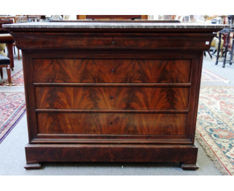 A 19th French commode, the marble top over a figured mahogany five drawer base, 129cm wide. 