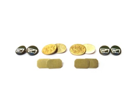 A pair of 9ct gold cut cornered rectangular cufflinks, with engine turned decoration, London 1958, two further gold odd cuffl