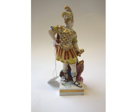 A Derby porcelain figure of Mars, circa 1780-90, modelled standing on a square gilt-lined base, dressed as a Roman centurion 