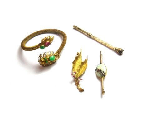 An opal, rose diamond and ruby set bar brooch, a gold, ruby and cultured pearl set brooch designed as a foliate spray, a jade