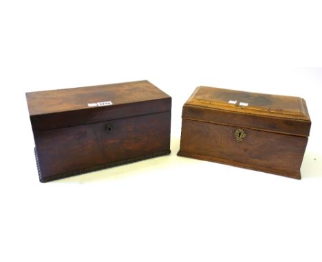 An early 19th century rectangular mahogany tea caddy with twin lidded interior, 32cm wide, together with a William IV mother 