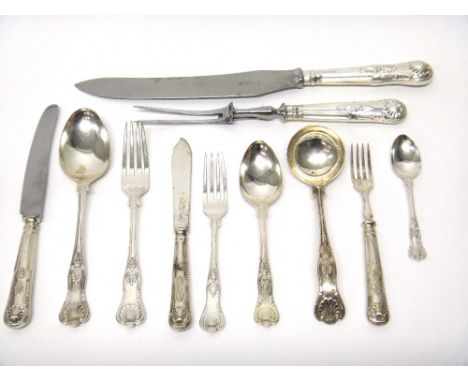 A silver King's pattern part table service of flatware, comprising; twelve steel bladed cheese knives, Sheffield 1961-1964, t