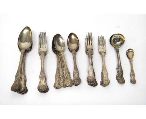 Scottish silver single struck King's pattern table flatware, comprising; six tablespoons, Glasgow 1855, five table forks, Gla