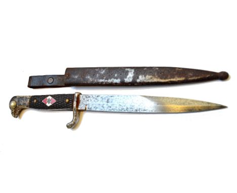 An unusual German Hitler Youth knife, with single edged steel blade, 16.5cm, and two piece chequered grip, with inset enamel 