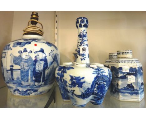 A  group of Chinese blue and white porcelain, late 19th/20th century, comprising; a crocus vase painted with two dragons amon