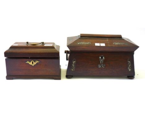 A mid 18th century mahogany rectangular tea caddy, interior lacking, 23cm wide, together with a similar larger, 29cm wide. 