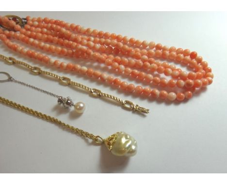 A three row necklace of coral beads on a gold and coral set oval clasp, detailed 14K, a cultured pearl tie stud, a baroque cu