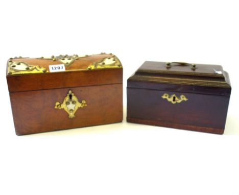 A Victorian brass and bone inlaid Gothic Revival dome top tea caddy with twin lidded interior, 24cm wide, together with an 18