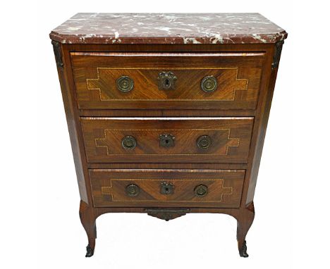 A Louis XVI style marble topped gilt metal mounted inlaid kingwood three drawer petite commode on cabriole supports, stamped 