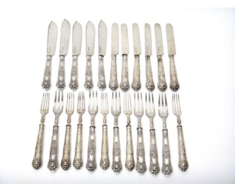 Victorian silver Kings pattern table flatware, comprising; five fish knives and six fish forks and also six dessert knives an