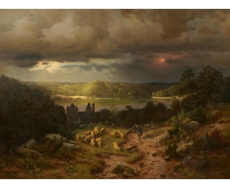 SAAL, GEORG EDUARD OTTO1818 Koblenz - 1870 Baden-BadenTitel: Aufziehendes Gewitter über dem Laacher See. Technik: Öl auf Lein