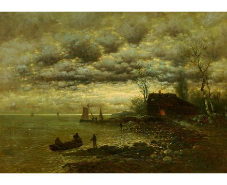 JUNGBLUT, JOHANN('J. Sander')1860 Saarburg - 1912 DüsseldorfTitel: Kate am Ufer. Abendstimmung. Technik: Öl auf Leinwand. Maß