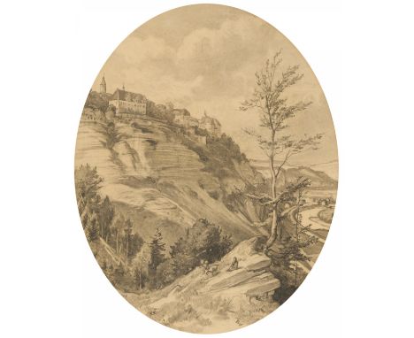 HUMMEL, CARL MARIA NICOLAUSWeimar 1821 - 1907Titel: Sächsische Landschaft an der Elbe. Technik: Kohle auf Papier. Maße: Passe