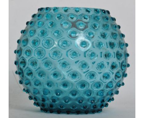A vintage retro 20th century blue hobnail glass ceiling light shade of globular form. Measures 20cm tall.&nbsp;