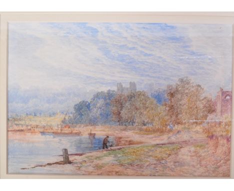 A 19th century Victorian watercolour painting to depict a figure walking along a riverside with castle and trees beyond. Arti