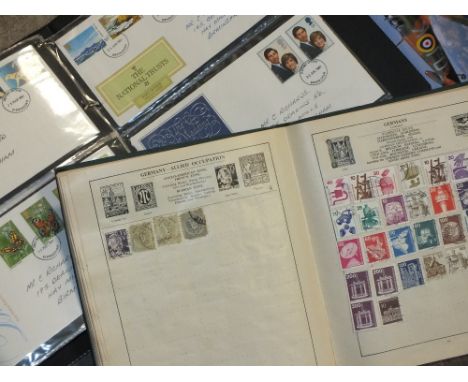 A QUANTITY OF VINTAGE STAMP ALBUMS AND CONTENTS, FIRST DAY COVERS ETC 