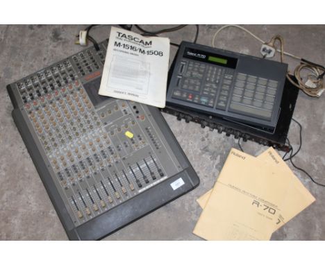 A TASCAM M-1508 RECORDING MIXER, A ROLAND R-70 HUMAN RHYTHM COMPOSER TOGETHER WITH A DIGITEC DELAY S1024