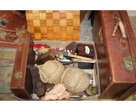 A TRAY OF COLLECTABLES TO INCLUDE BRITISH FLAGS, VINTAGE POSTCARDS ETC PLUS TWO CASES