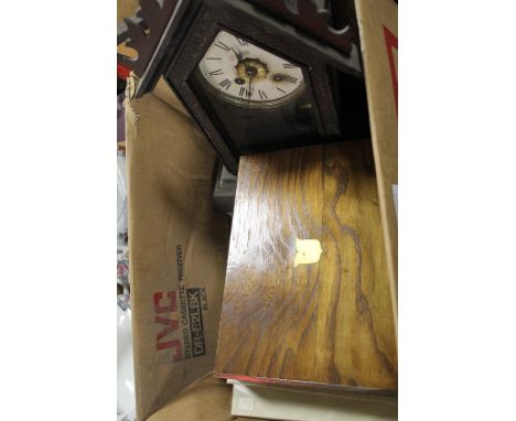 A BOX OF COLLECTABLES TO INCLUDE A GOTHIC STYLE MANTLE CLOCK