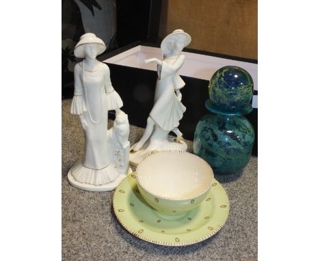 TWO COALPORT ROARING TWENTIES FIGURES, MDINA GLASS VASE, SUSIE COOPER CUP AND SAUCER AND A QUANTITY OF ASHTRAYS TOGETHER WITH