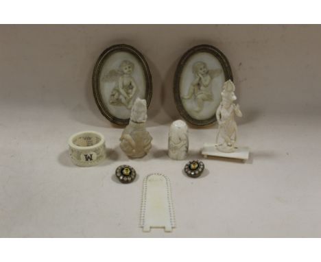 A TUB OF CARVED IVORY AND OTHER COLLECTABLES TO INCLUDE A SNUFF BOTTLE, MICRO MOSAIC CLIP ON EARRINGS, NAPKIN RING ETC