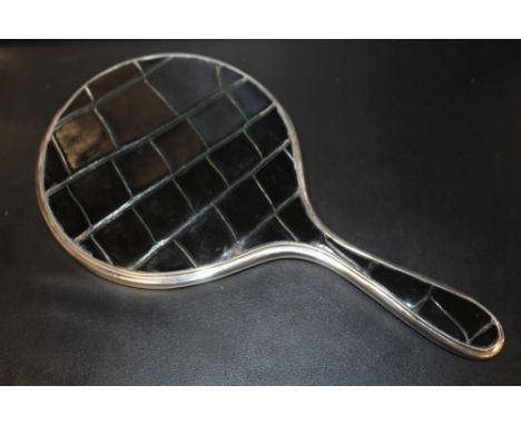  A HALLMARKED SILVER AND CROCODILE SKIN STYLE HAND MIRROR