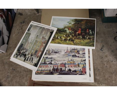 A COLLECTION OF UNFRAMED L S LOWRY PRINTS TO INCLUDE INDUSTRIAL LANDSCAPE - 1950 V.E DAY CELEBRATIONS ETC. TOGETHER WITH TWO 