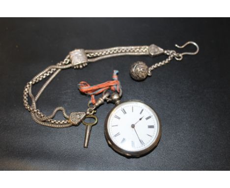 A VICTORIAN SILVER POCKET WATCH AND LADIES ALBERTINA WATCH CHAIN