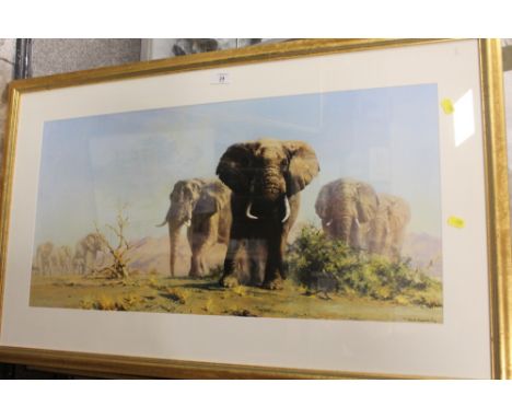 A FRAMED AND GLAZED UNSIGNED DAVID SHEPHERD PRINT OF ELEPHANTS ENTITLED ' THE IVORY IS THEIRS' PICTURE SIZE - 37CM X 75CM 