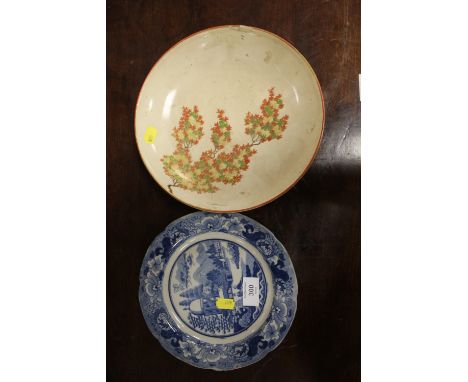 A JAPANESE CERAMIC BOWL - RESTORED,  TOGETHER WITH A BLUE AND WHITE PLATE (2)