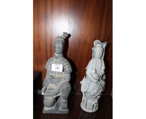 A BLANC DE CHINE STYLE FIGURE OF A GEISHA TOGETHER WITH A CERAMIC WARRIOR FIGURE 