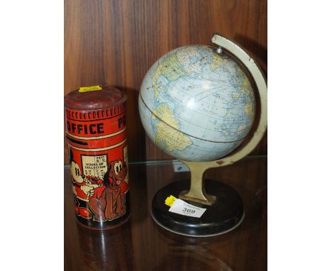 A VINTAGE MICKEY MOUSE MONEY BOX TOGETHER A METAL GLOBE (2)
