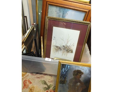 A BOX OF ASSORTED PICTURE FRAMES AND PRINTS TO INCLUDE A WALL MIRROR, TOGETHER WITH A LARGE UNFRAMED OIL ON CANVAS 