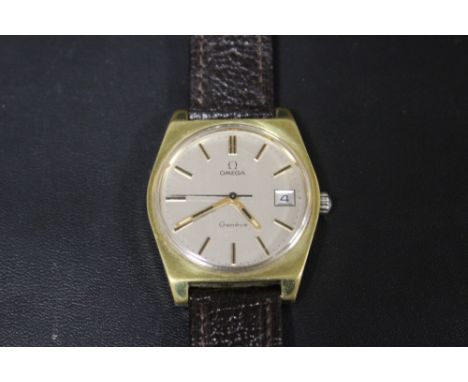 A VINTAGE GENTS OMEGA GENEVE DATE WRIST WATCH WITH PERSONALISED INSCRIPTION TO BACK COVER