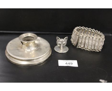 A CHESTER HALLMARKED SILVER FOX MASK MENU CARD HOLDER BY S MORDON AND CO TOGETHER WITH A A/F CANDLE STICK HOLDER AND A FILIGR