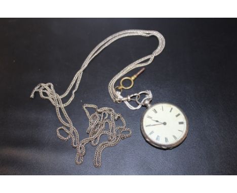 A VICTORIAN SILVER POCKET WATCH AND MUFF CHAIN