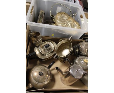 TWO TRAY OF SILVER PLATED METALWARE TO INCLUDE TEAPOTS, CIGARETTE CASE ETC
